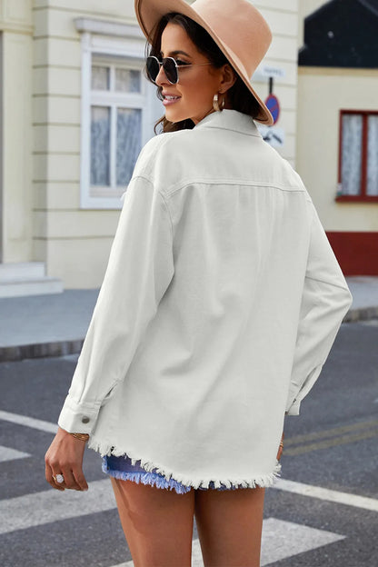 Button Up Pocketed Raw Hem Denim Jacket Carauana Store