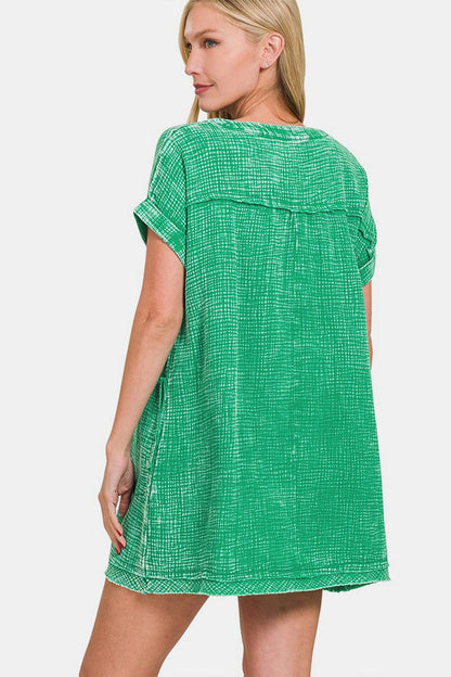 Zenana Washed Notched Short Sleeve Mini Dress Carauana Store