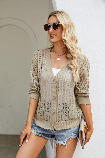 Openwork Button Front V-Neck Cardigan Carauana Store