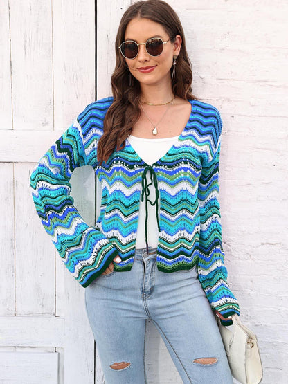 Striped Openwork Tied Cardigan Carauana Store