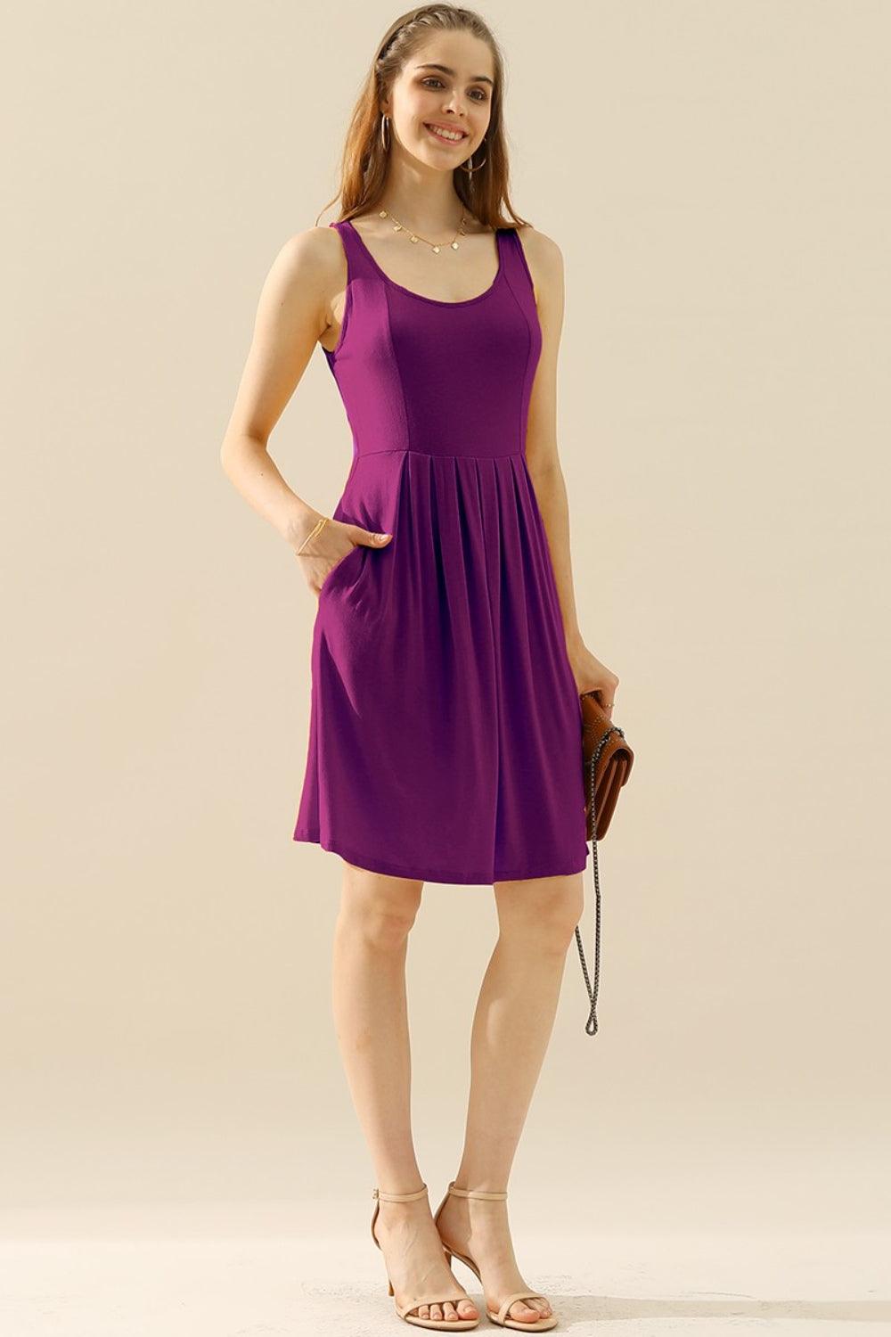 Doublju Full Size Round Neck Ruched Sleeveless Dress with Pockets Carauana Store