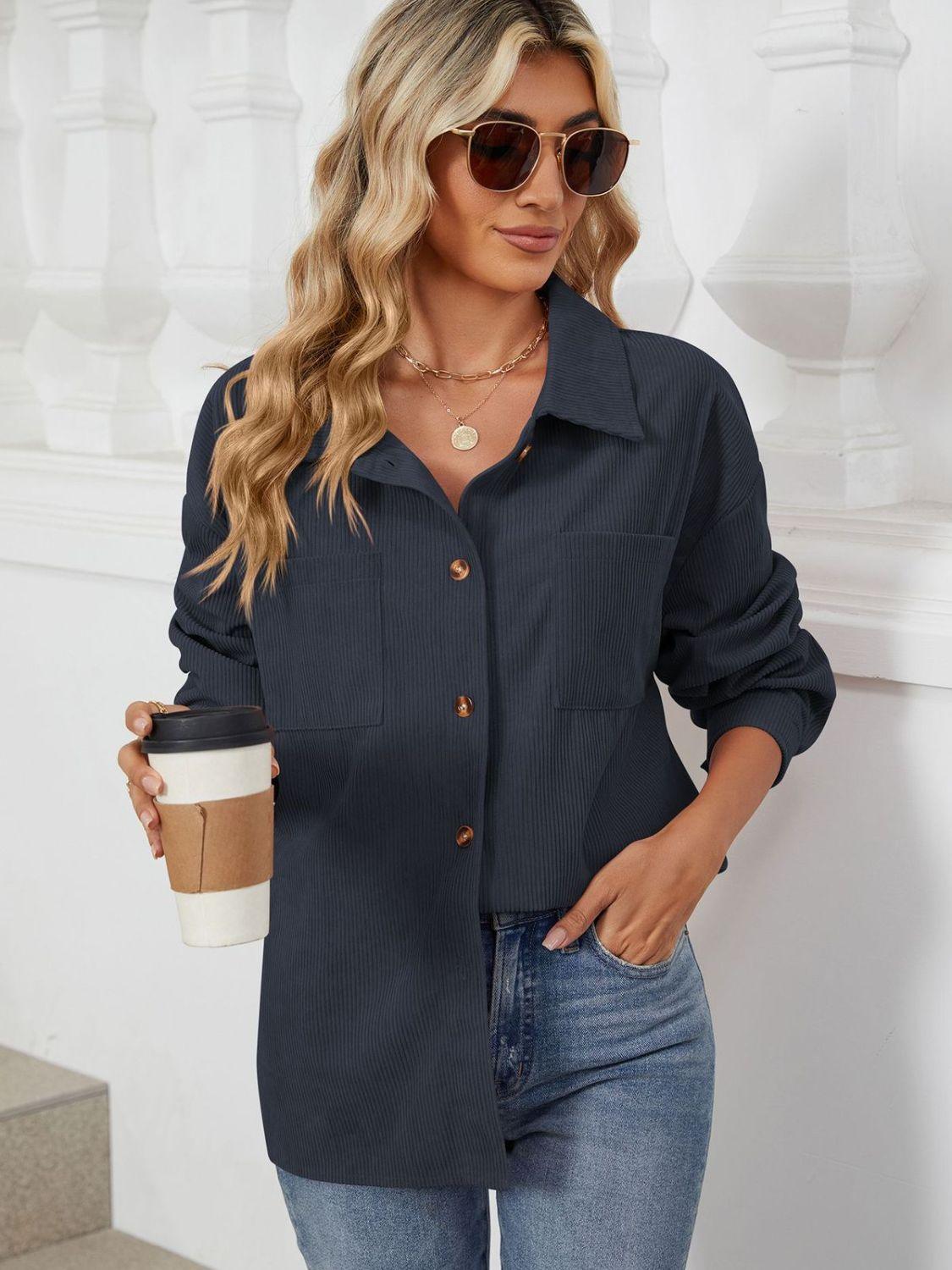 Button Up Dropped Shoulder Long Sleeve Outerwear Carauana Store
