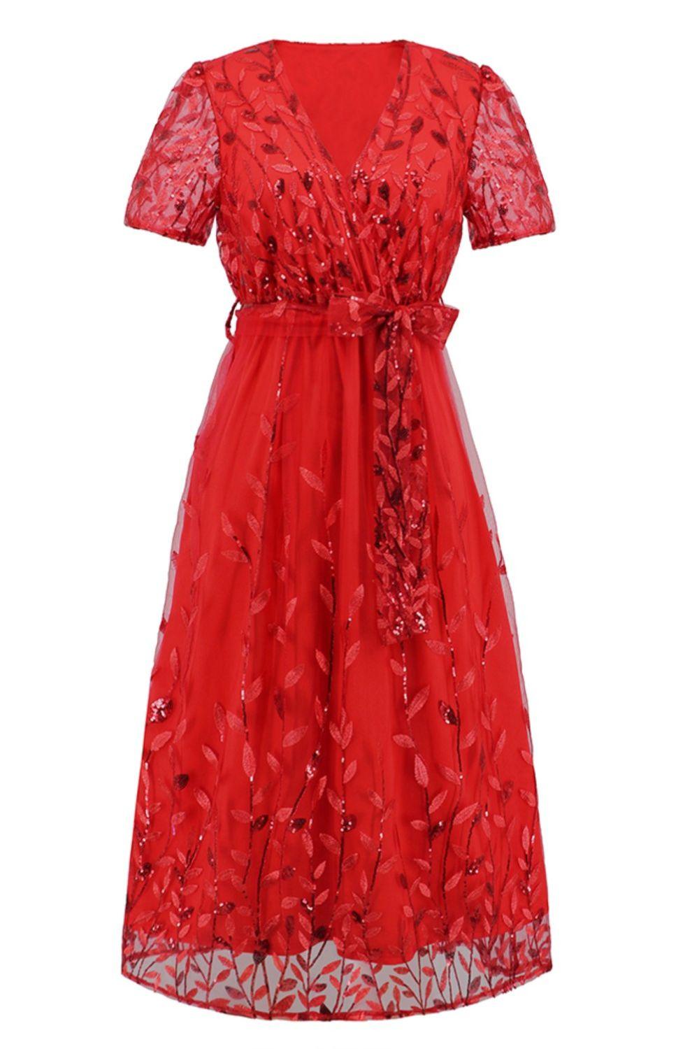 Sequin Leaf Embroidery Tie Front Short Sleeve Dress Carauana Store
