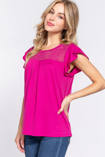 ACTIVE BASIC Ruffle Short Sleeve Lace Detail Knit Top Carauana Store