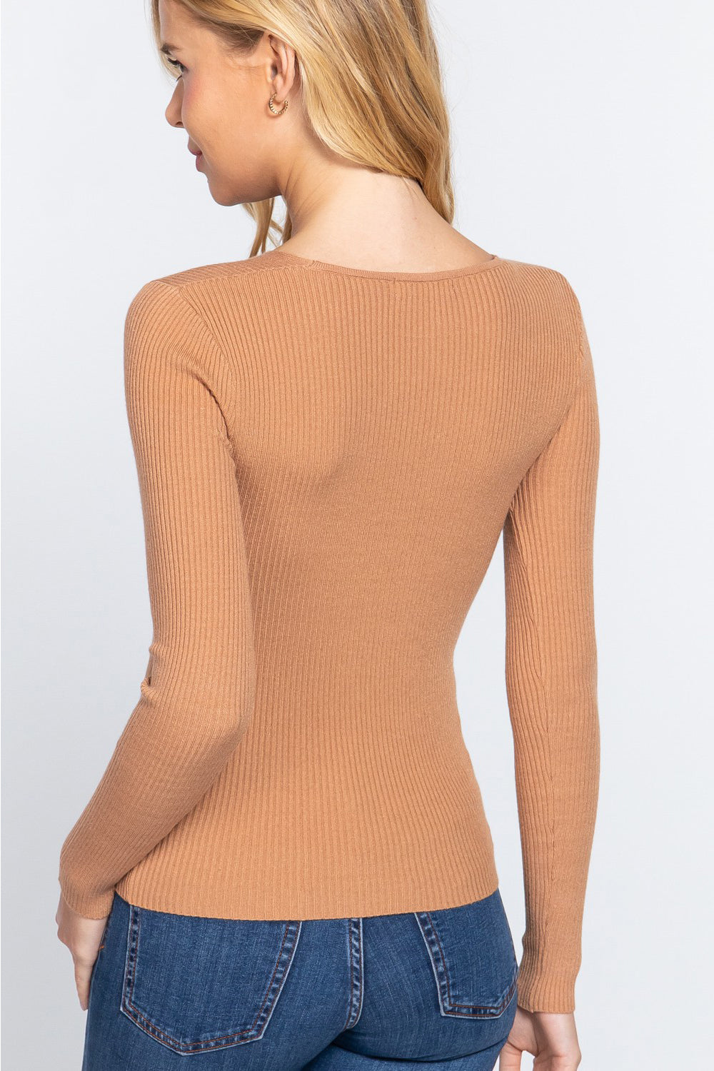 ACTIVE BASIC V-Neck Fitted Viscose Rib Knit Top Carauana Store
