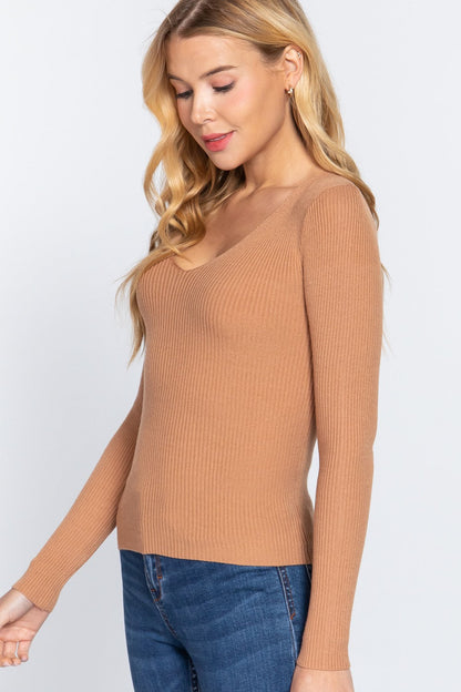 ACTIVE BASIC V-Neck Fitted Viscose Rib Knit Top Carauana Store