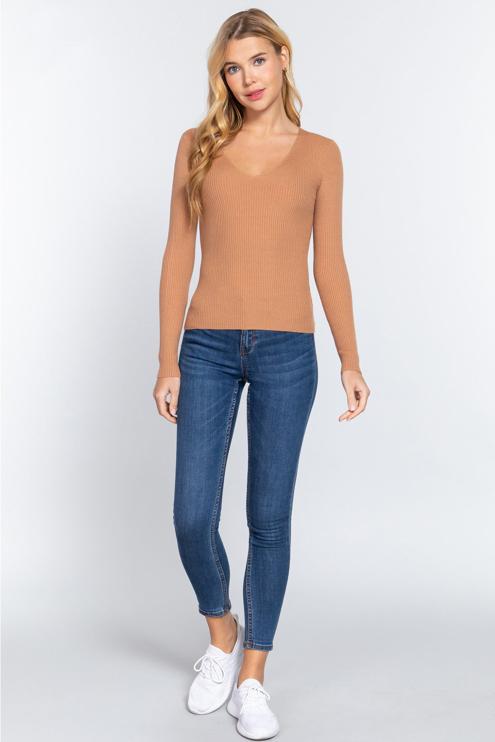 ACTIVE BASIC V-Neck Fitted Viscose Rib Knit Top Carauana Store