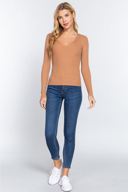 ACTIVE BASIC V-Neck Fitted Viscose Rib Knit Top Carauana Store