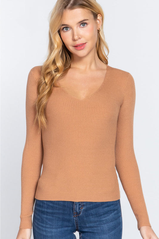 ACTIVE BASIC V-Neck Fitted Viscose Rib Knit Top Carauana Store