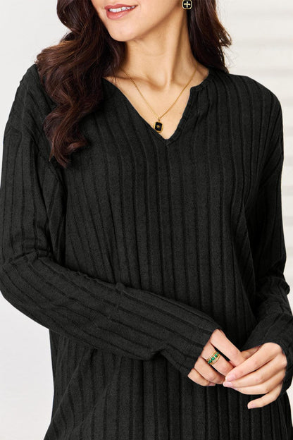 Basic Bae Full Size Notched Long Sleeve Top and Pants Set Carauana Store