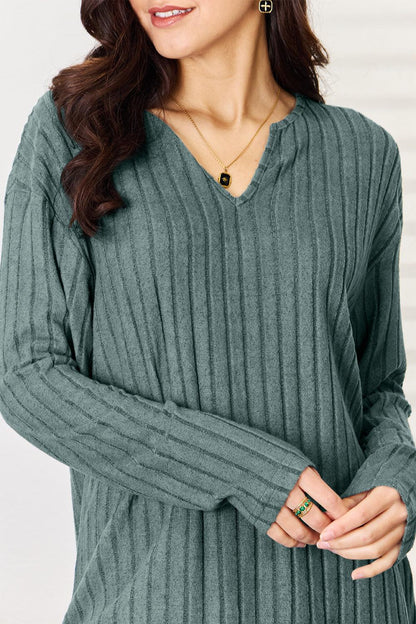 Basic Bae Full Size Notched Long Sleeve Top and Pants Set Carauana Store