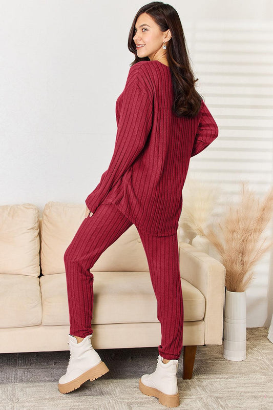 Basic Bae Full Size Notched Long Sleeve Top and Pants Set Carauana Store