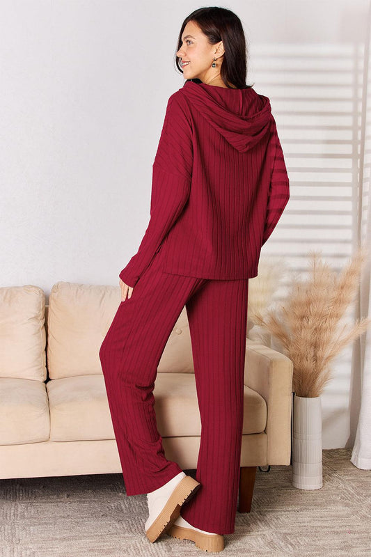Basic Bae Full Size Ribbed Drawstring Hood Top and Straight Pants Set Carauana Store