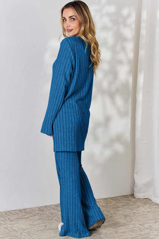 Basic Bae Full Size Ribbed High-Low Top and Wide Leg Pants Set Carauana Store