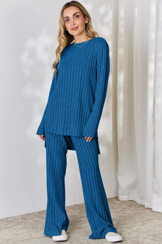 Basic Bae Full Size Ribbed High-Low Top and Wide Leg Pants Set Carauana Store