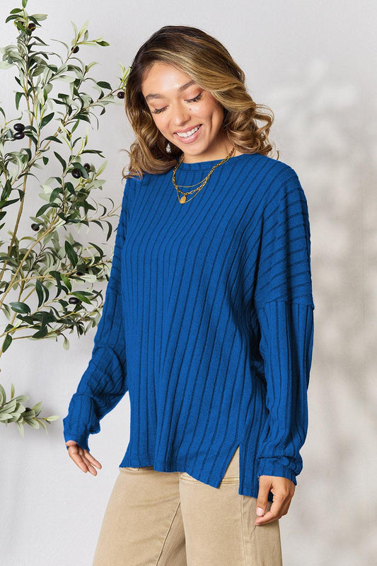 Basic Bae Full Size Ribbed Round Neck Slit Knit Top Carauana Store