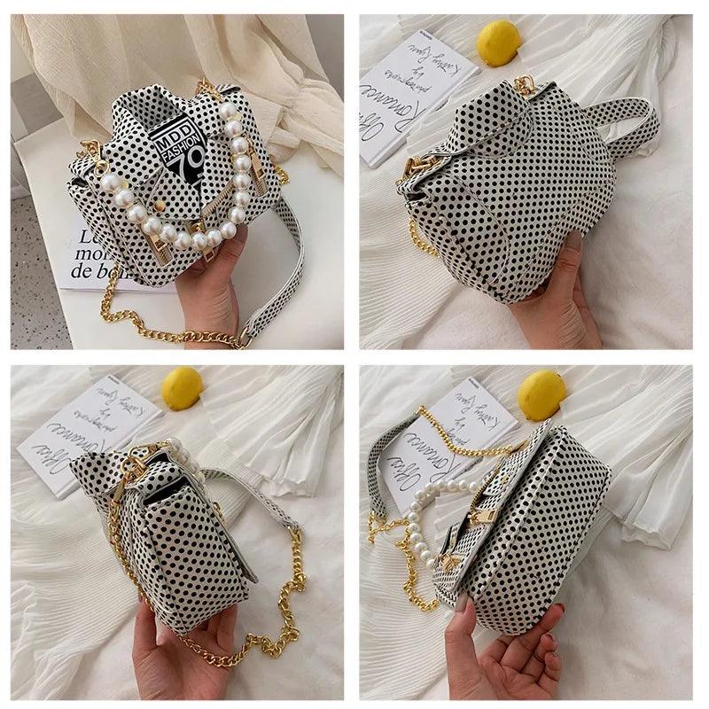 Chic Designer Women Messenger Bags with Pearl Handle and Chain Strap