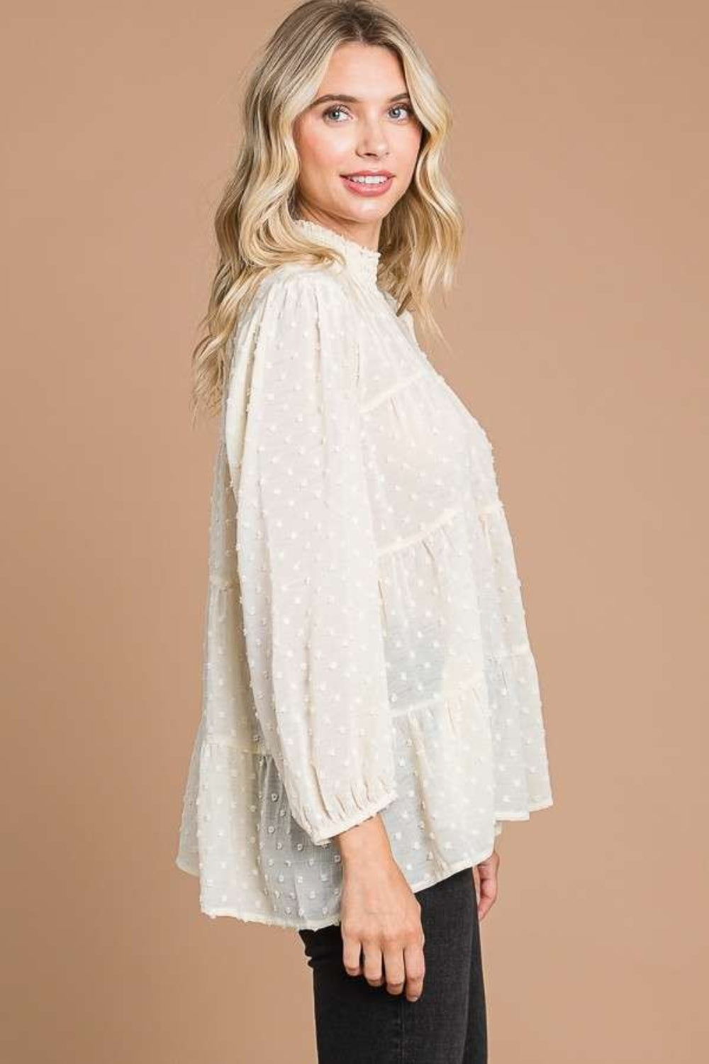 Culture Code Full Size Swiss Dot Smocked Mock Neck Blouse Carauana Store