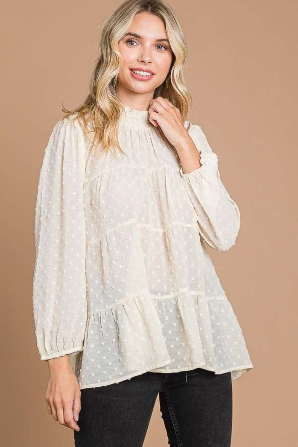 Culture Code Full Size Swiss Dot Smocked Mock Neck Blouse Carauana Store