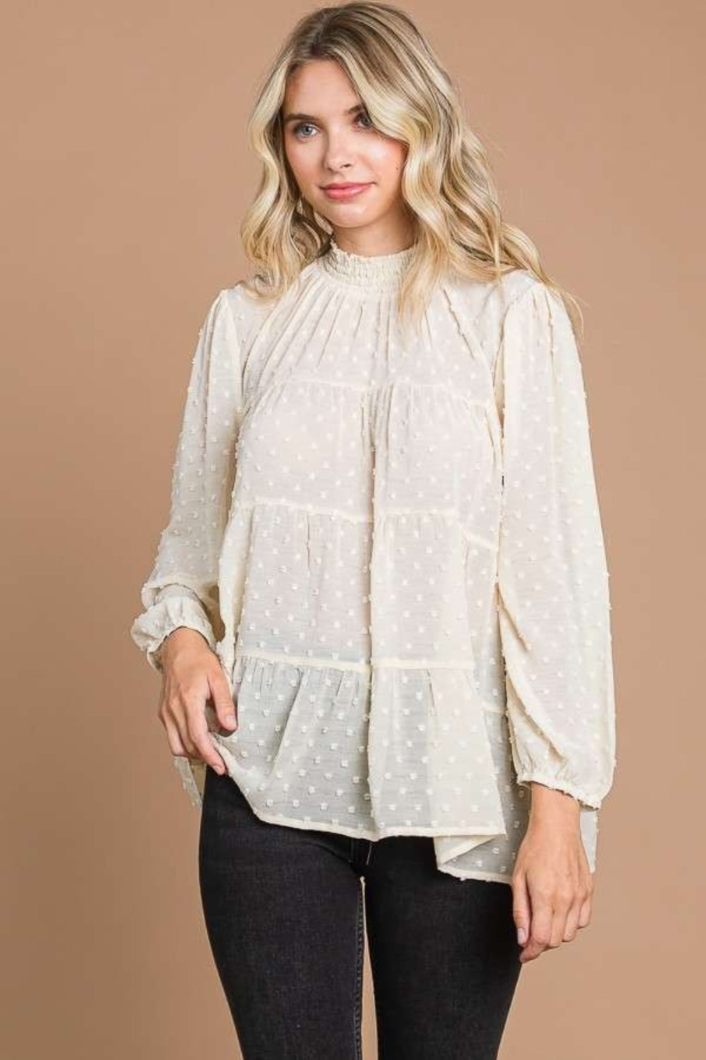 Culture Code Full Size Swiss Dot Smocked Mock Neck Blouse Carauana Store