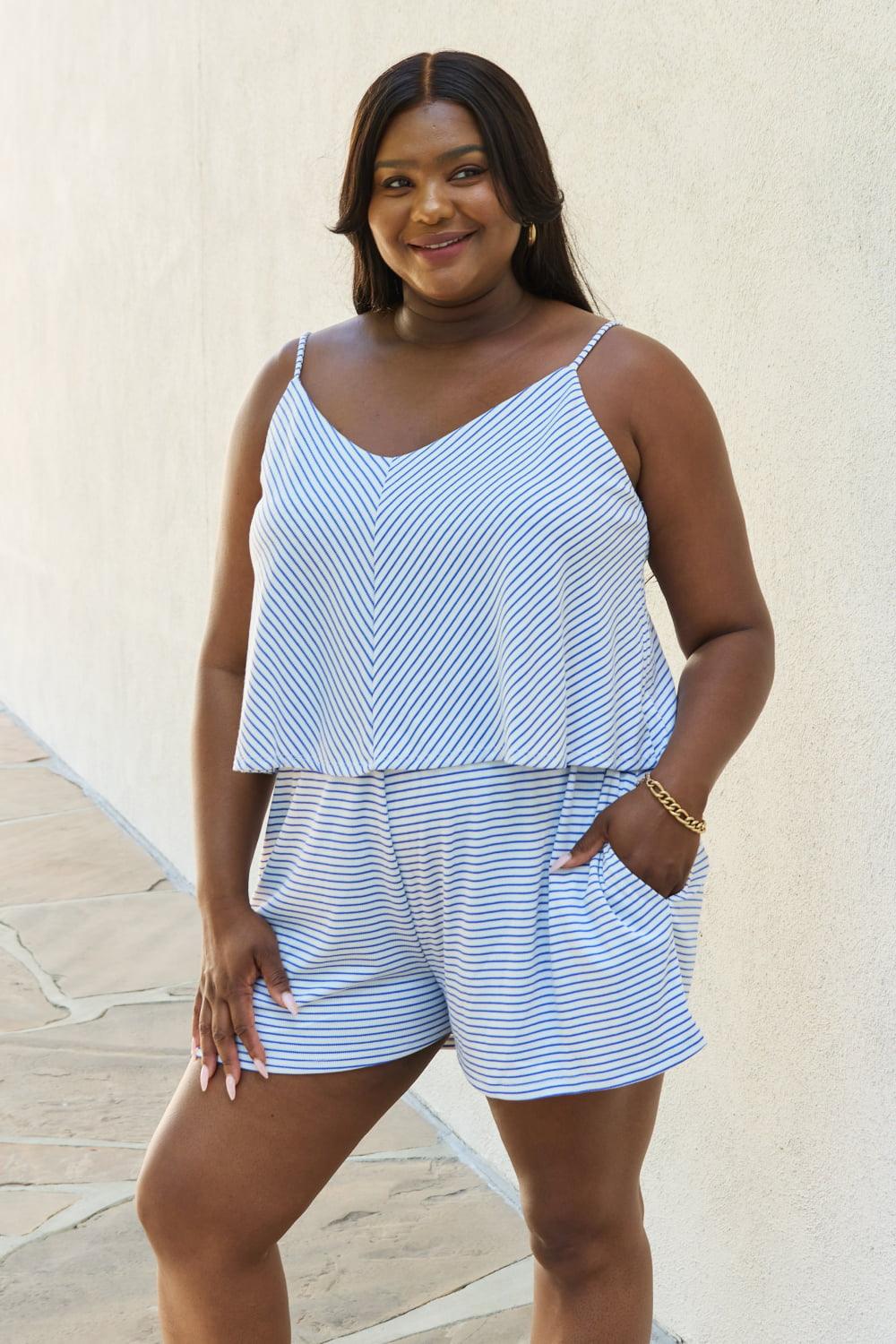 Culture Code Let It Happen Full Size Double Flare Striped Romper in Cobalt Blue Carauana Store
