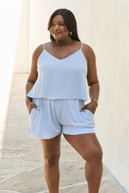 Culture Code Let It Happen Full Size Double Flare Striped Romper in Cobalt Blue Carauana Store