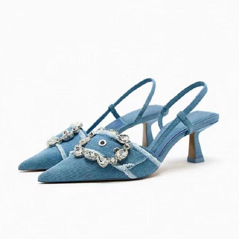 Denim Rhinestone Woman Pumps Wedding Slingback Elegant Shoes