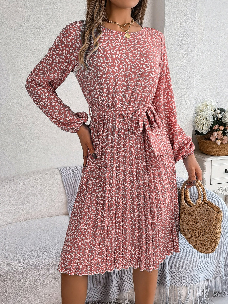 Ditsy Floral Tie Waist Pleated Dress Carauana Store
