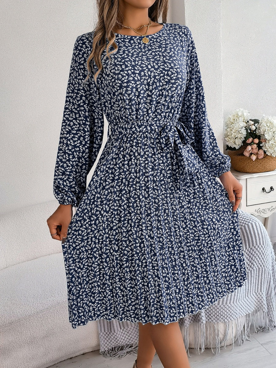 Ditsy Floral Tie Waist Pleated Dress Carauana Store