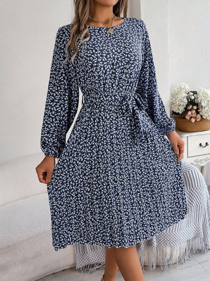 Ditsy Floral Tie Waist Pleated Dress Carauana Store