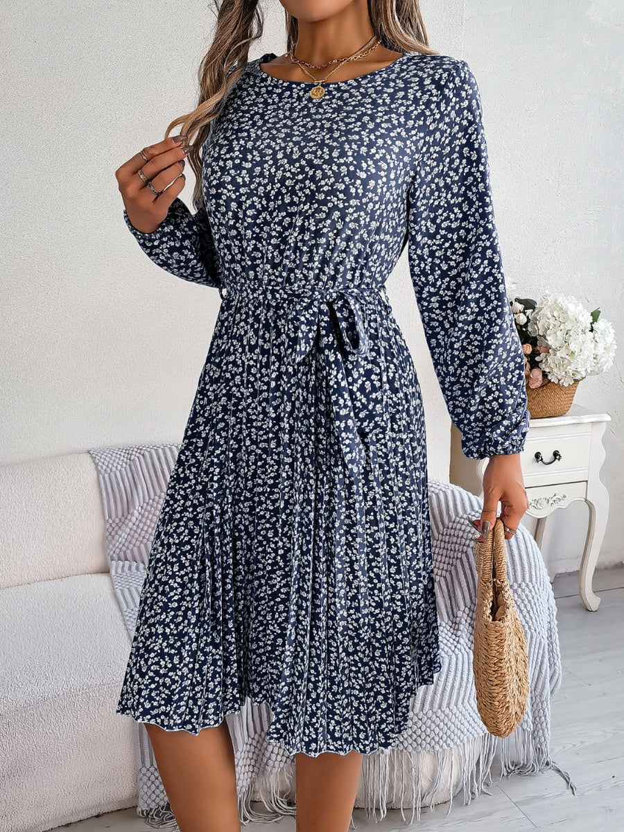 Ditsy Floral Tie Waist Pleated Dress Carauana Store