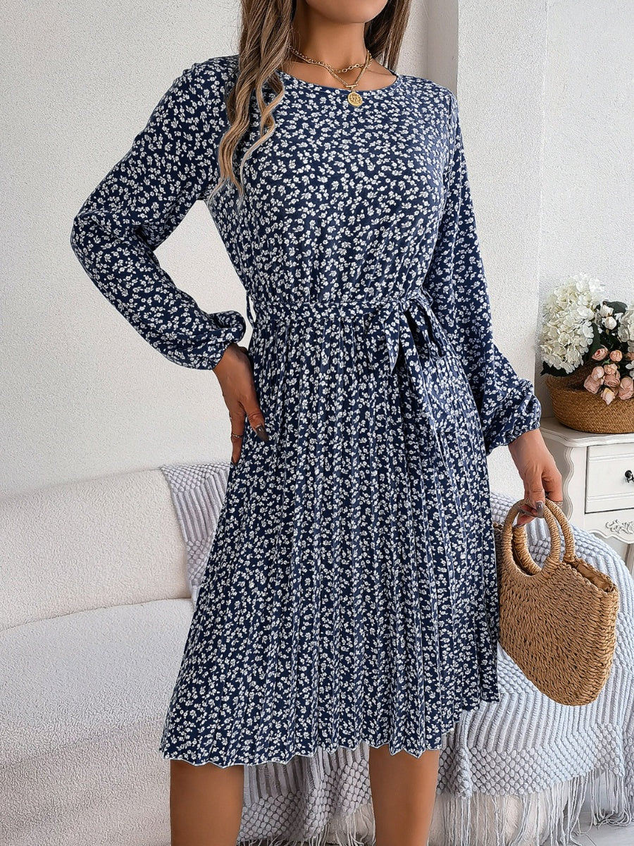 Ditsy Floral Tie Waist Pleated Dress Carauana Store