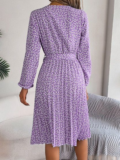 Ditsy Floral Tie Waist Pleated Dress Carauana Store