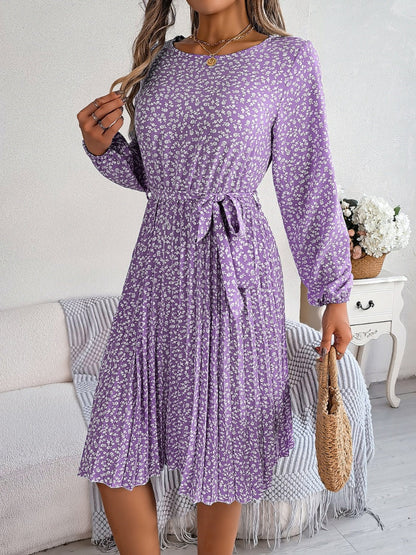 Ditsy Floral Tie Waist Pleated Dress Carauana Store