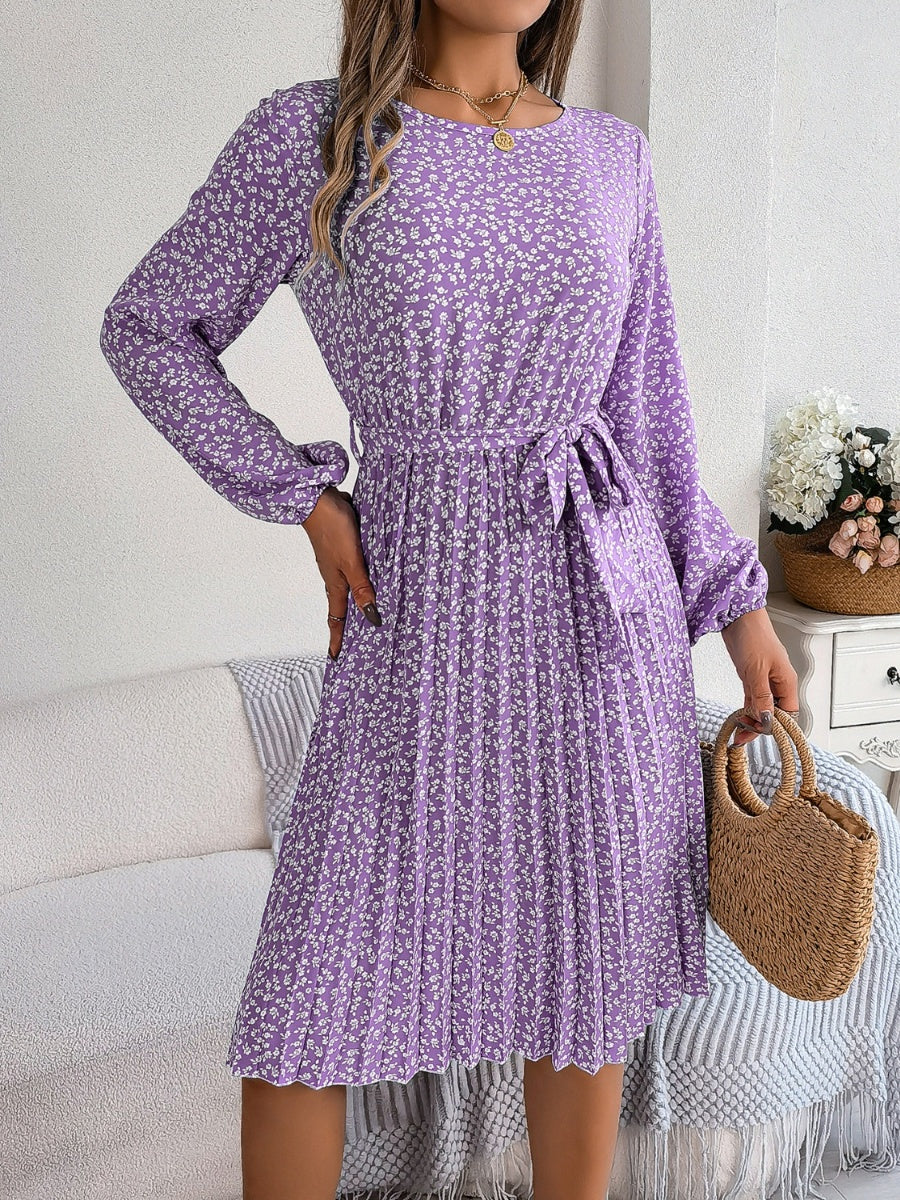 Ditsy Floral Tie Waist Pleated Dress Carauana Store