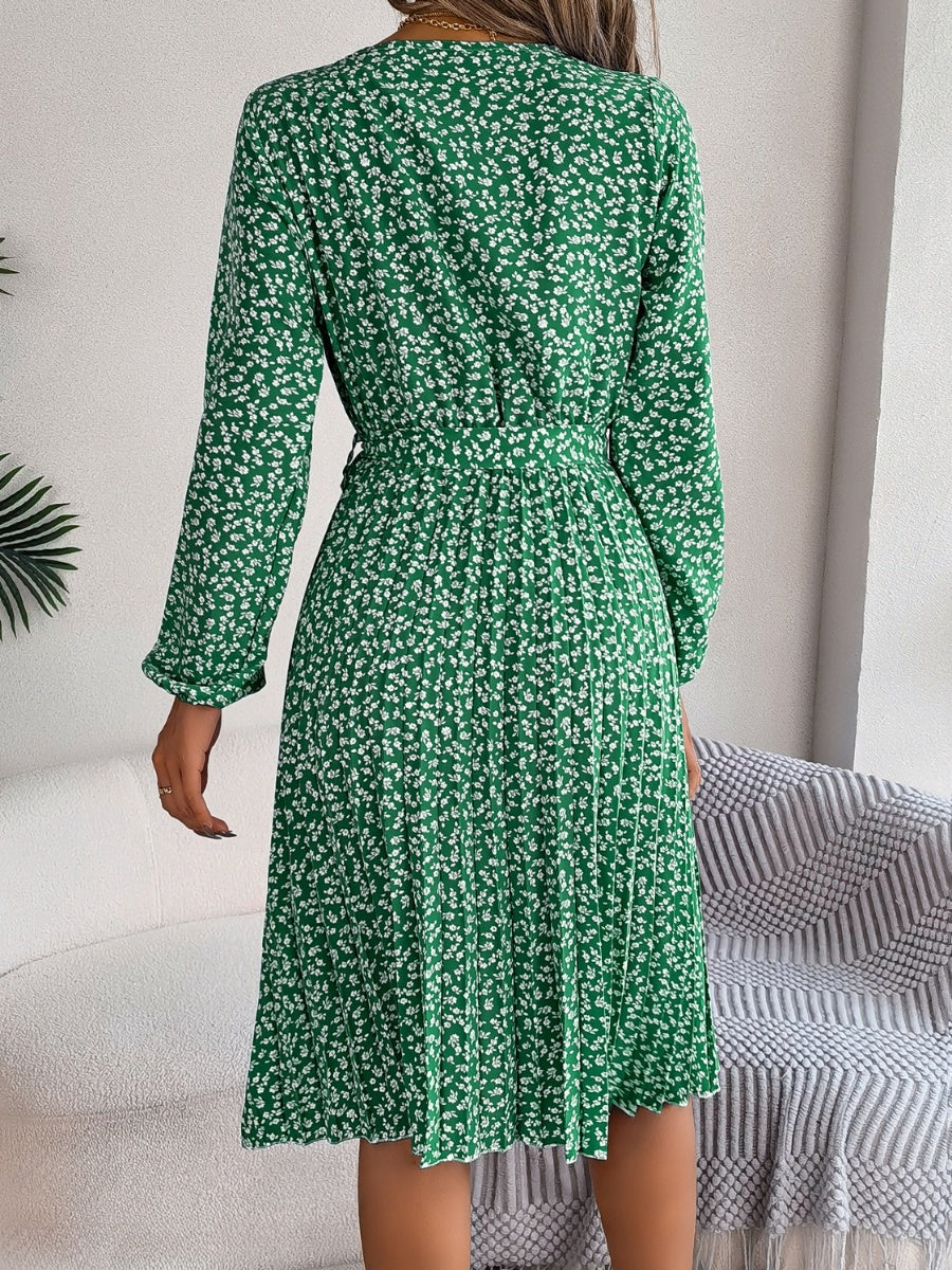Ditsy Floral Tie Waist Pleated Dress Carauana Store