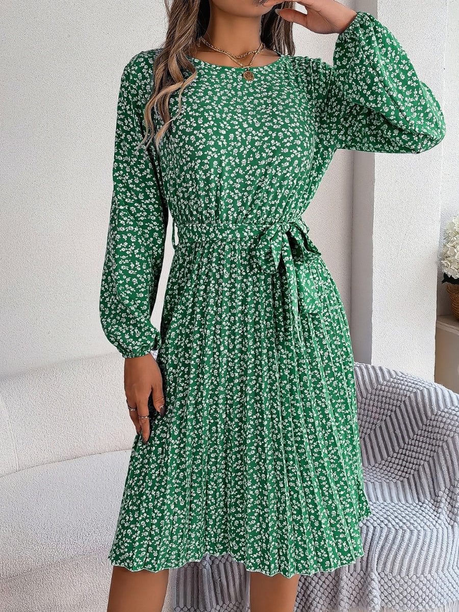 Ditsy Floral Tie Waist Pleated Dress Carauana Store