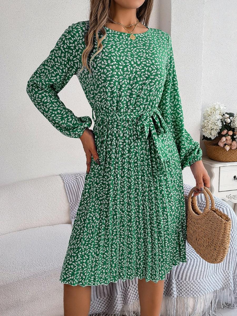 Ditsy Floral Tie Waist Pleated Dress Carauana Store