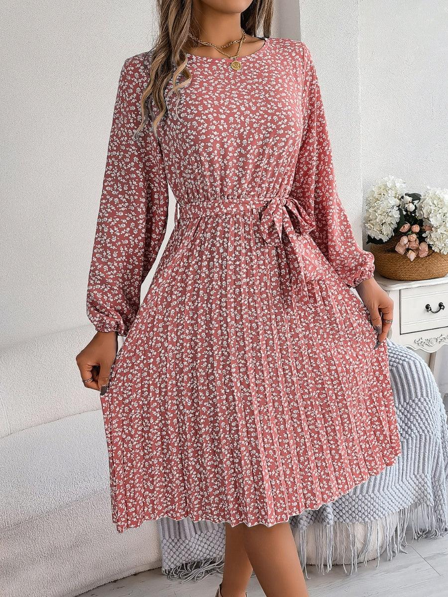 Ditsy Floral Tie Waist Pleated Dress Carauana Store