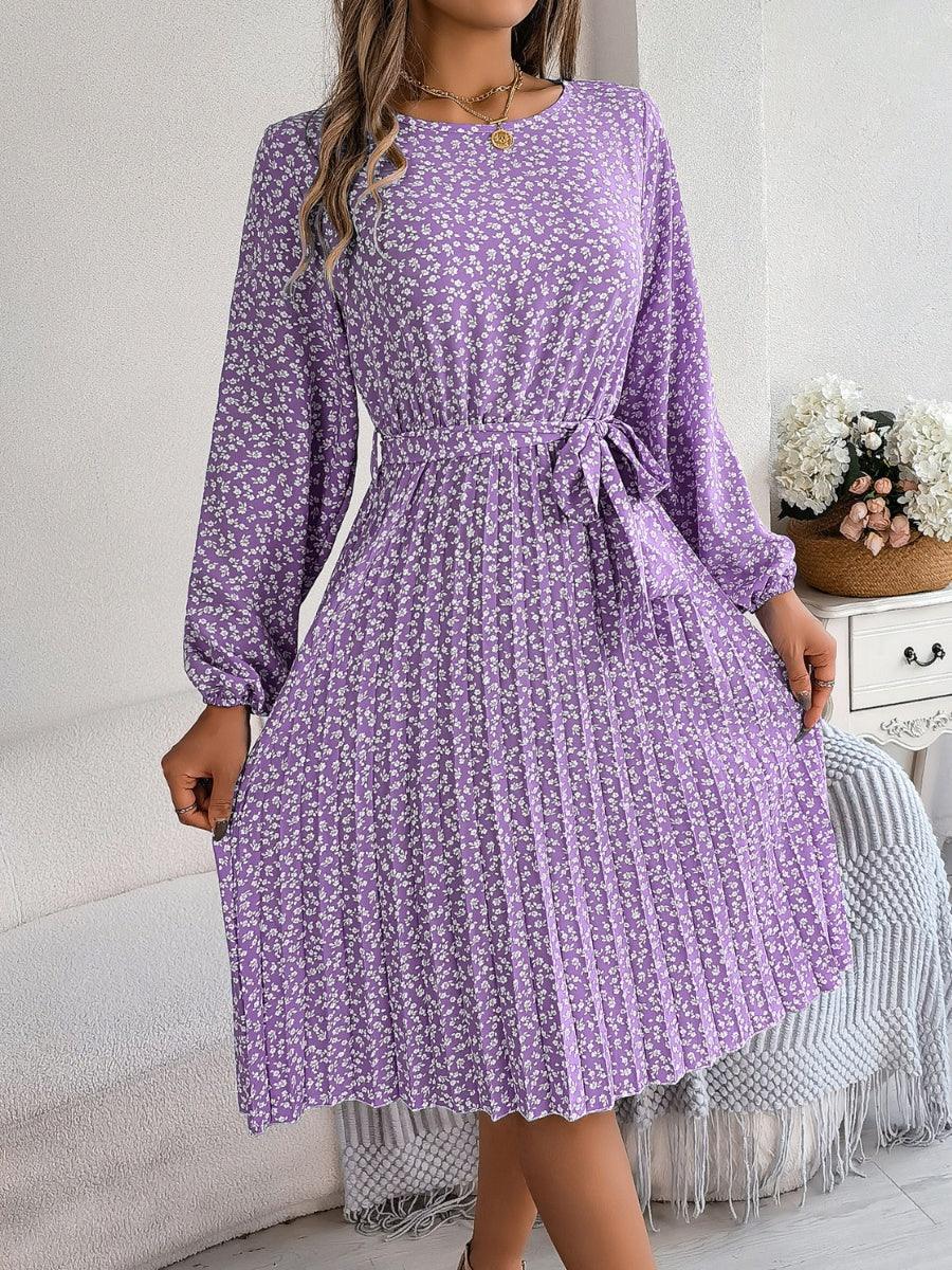Ditsy Floral Tie Waist Pleated Dress Carauana Store