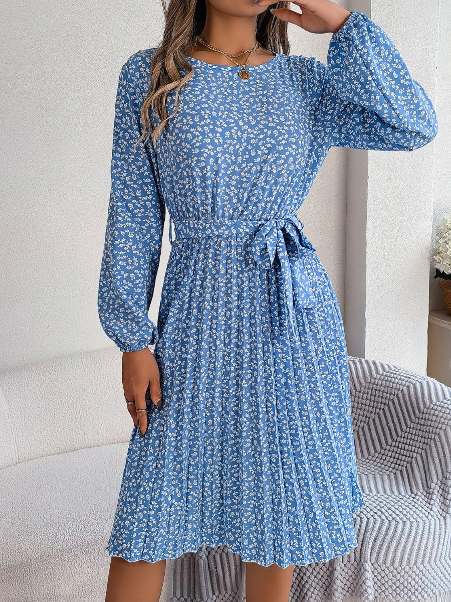 Ditsy Floral Tie Waist Pleated Dress Carauana Store