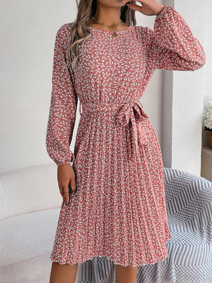 Ditsy Floral Tie Waist Pleated Dress Carauana Store