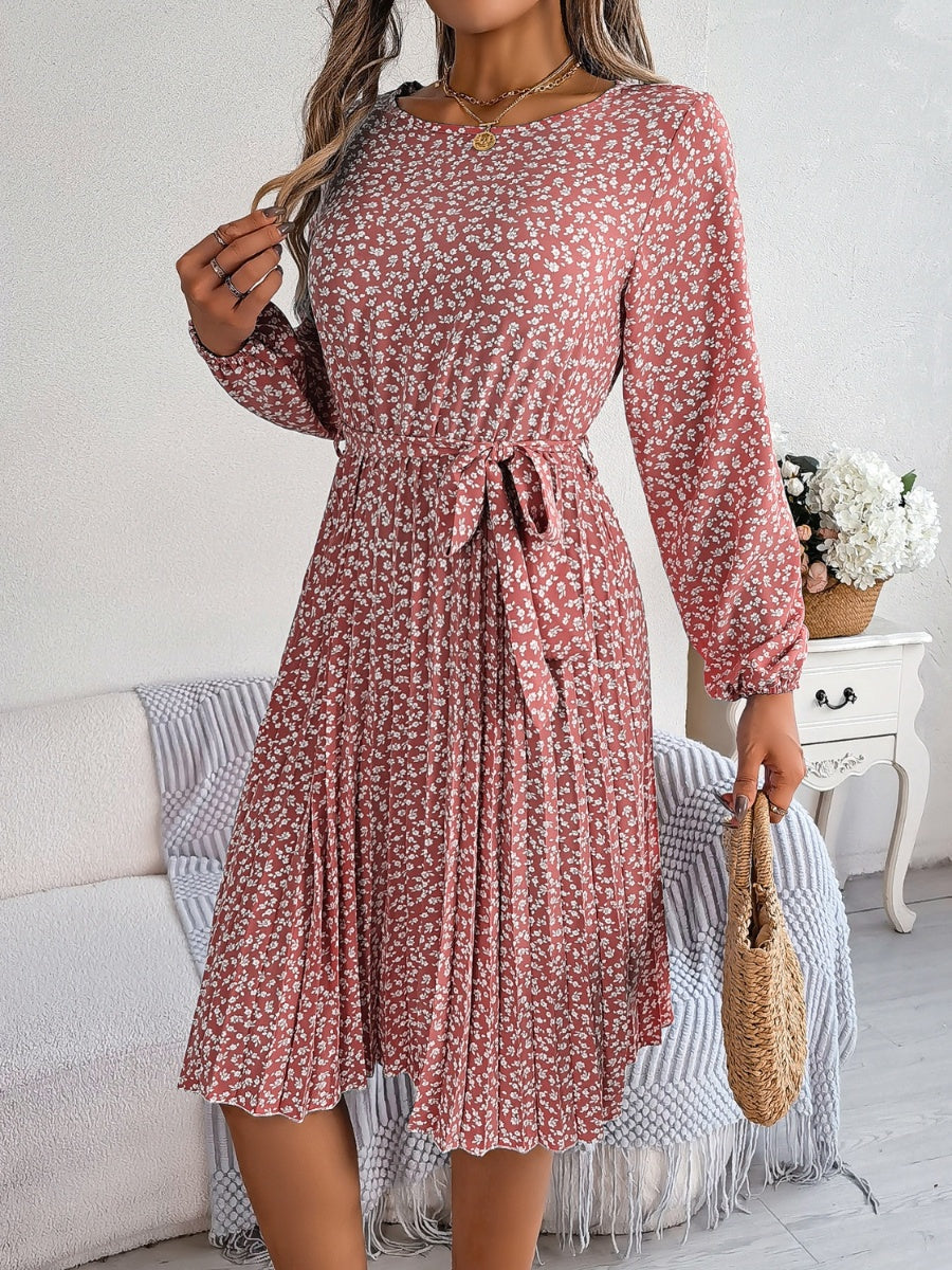 Ditsy Floral Tie Waist Pleated Dress Carauana Store