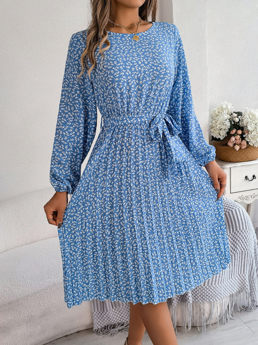 Ditsy Floral Tie Waist Pleated Dress Carauana Store