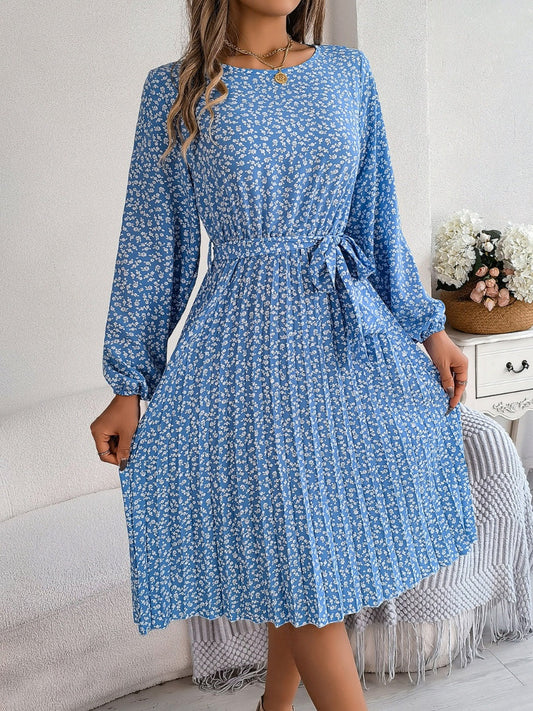 Ditsy Floral Tie Waist Pleated Dress Carauana Store
