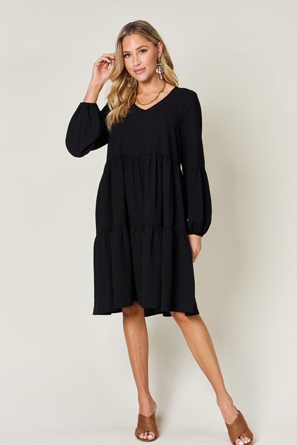 Double Take Full Size V-Neck Balloon Sleeve Tiered Dress Carauana Store