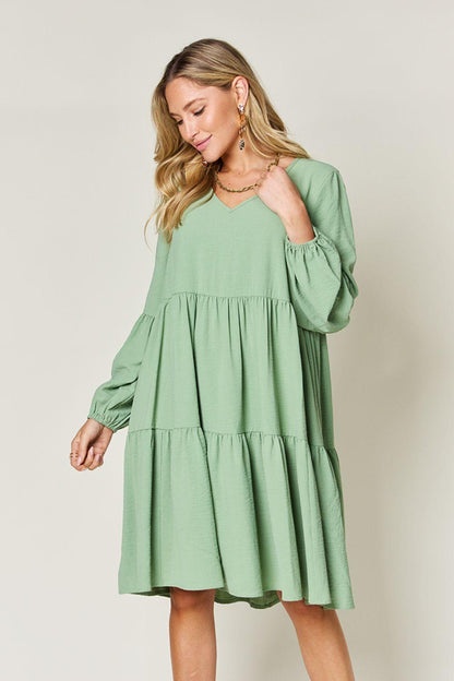 Double Take Full Size V-Neck Balloon Sleeve Tiered Dress Carauana Store