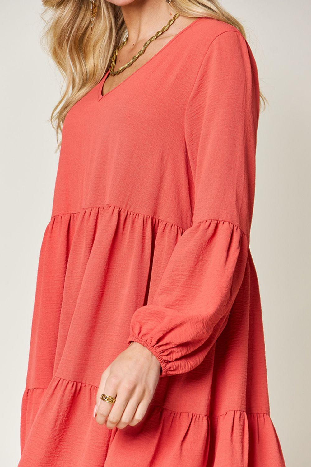 Double Take Full Size V-Neck Balloon Sleeve Tiered Dress Carauana Store