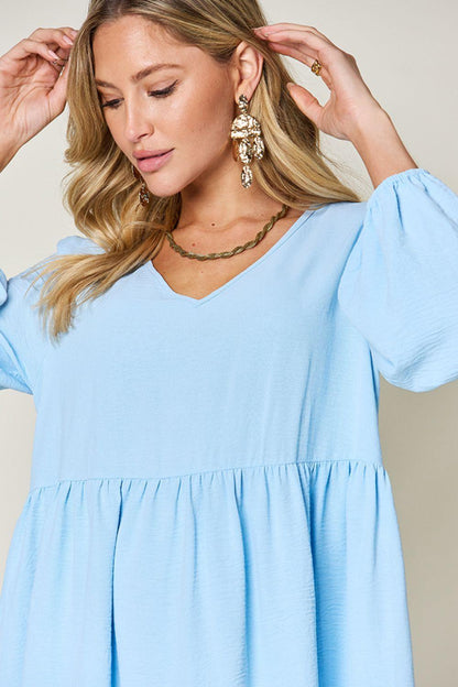 Double Take Full Size V-Neck Balloon Sleeve Tiered Dress Carauana Store