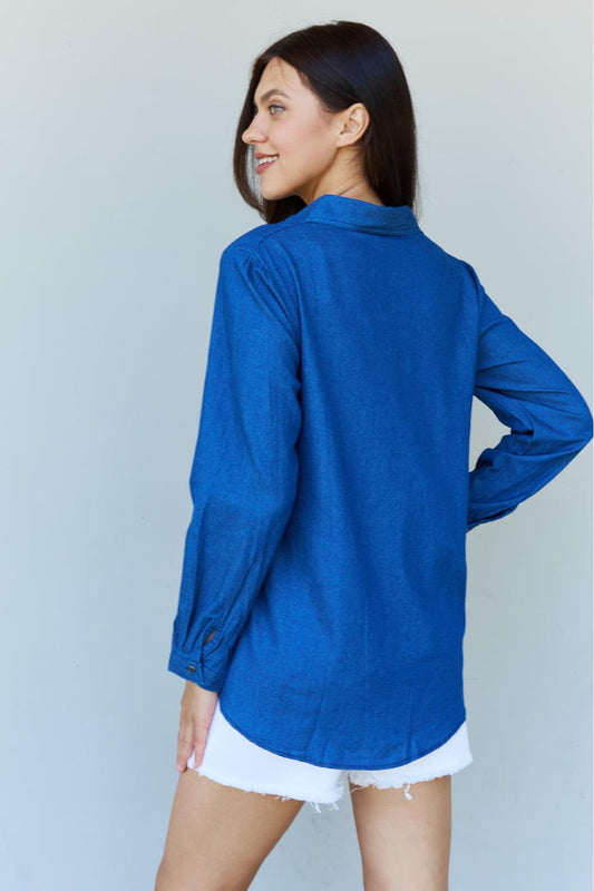 Doublju Blue Jean Baby Denim Button Down Shirt Top in Dark Blue Carauana Store